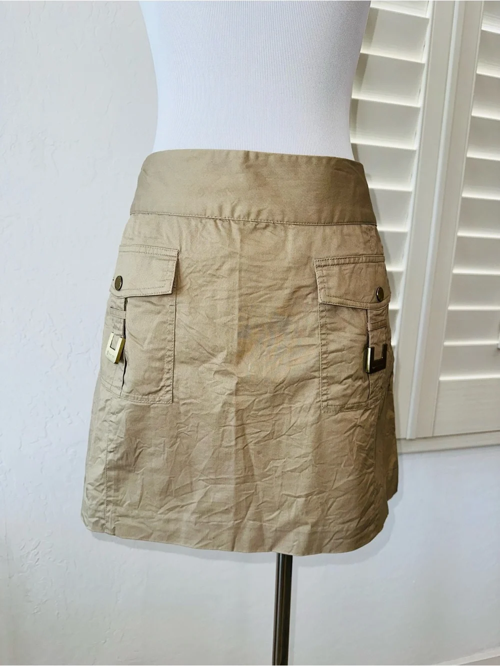 MICHAEL KORS 14~KHAKI UTILITY CARGO MINI SKIRT~FRONT FLAP POCKETS GOLD DETAILS